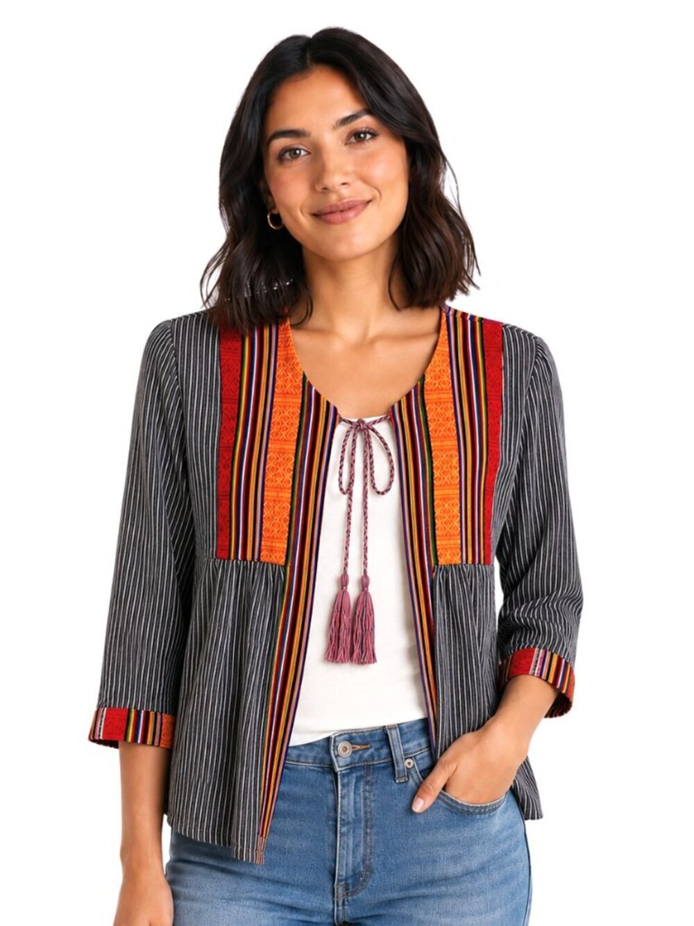 Bare Denim Embellished Grey Striped Tie Front Cotton Jacket